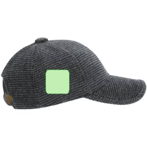 A grey textured cap with a curved brim and a plain green patch, featuring a branding logo.