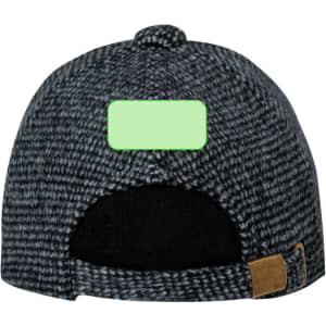 A grey and black cap featuring a logo and an adjustable strap at the back.