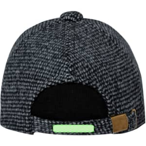 A grey and black textured cap featuring a logo on the back and an adjustable strap.