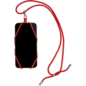 A red lanyard with a holder designed for securing a phone, featuring a long, adjustable strap.