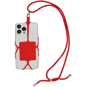A white phone encased in a red accessory with a matching lanyard for easy carrying.