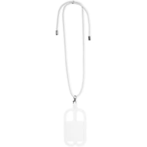 A white lanyard featuring a clear plastic holder at the end, suitable for displaying cards or badges.