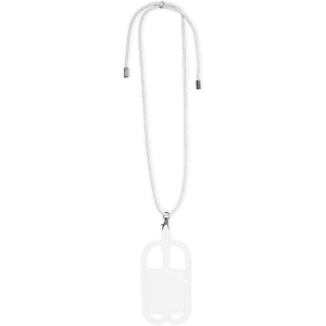 A silver lanyard with a rectangular attachment and cord, featuring a simple design.