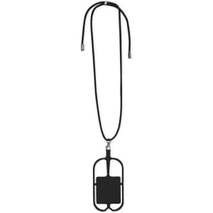 A black lanyard with a holder for ID cards, featuring a logo and a secure neck strap.