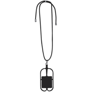 A black lanyard featuring a holder at the bottom, designed for carrying ID or access cards.