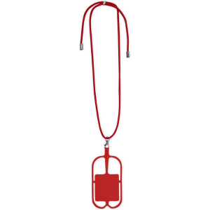 A red lanyard featuring a badge holder, suitable for exhibitions and events, with a simple design.