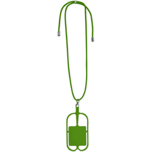 A green Sebly lanyard with a rectangular holder and adjustable cord, featuring a logo.