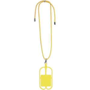 A yellow lanyard featuring a plastic holder for cards or tags, complete with a logo.