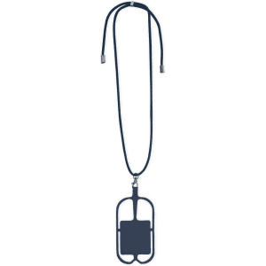 A black lanyard with a holder at the end. The holder features a distinctive design and includes a logo.