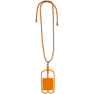 An orange lanyard with a rectangular ID holder attached, featuring a logo at the top.