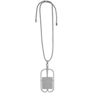 A black lanyard with a grey attachment featuring a badge holder design. It has a simple, sleek appearance.
