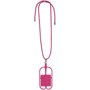 A pink lanyard featuring a rectangular holder, designed for exhibitions and events, with a logo on the holder.