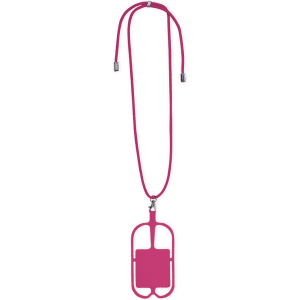 A pink lanyard with a rectangular attachment at the bottom. It features a logo on the tag.