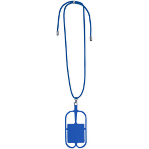 A blue lanyard with a large plastic holder designed for exhibitions and events.