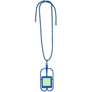 A blue silicone lanyard featuring a card holder and an adjustable neck strap.