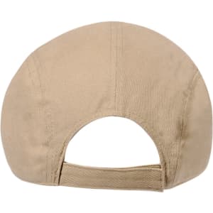 A beige cap with a curved brim and an adjustable strap at the back, featuring a logo.