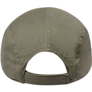A green cap with a rear adjustment strap and a logo. The fabric appears textured and durable.