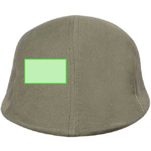 A khaki cap featuring a blank rectangular area for branding. The cap has a rounded shape and is made of textured fabric.