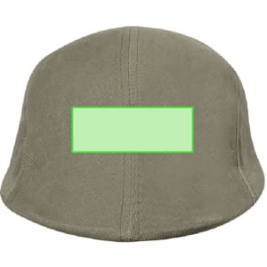 A khaki cap featuring a blank area for customization and a logo on the front.
