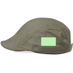 A khaki cap with a curved brim and a space for a logo or branding on the side.
