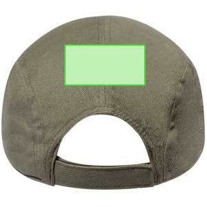 A green cap with a curved peak and an adjustable strap at the back, featuring a logo or branding.