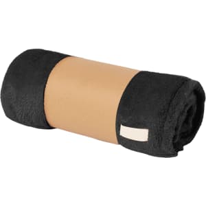 A rolled black blanket secured with a tan band, featuring a small tag and a smooth texture.