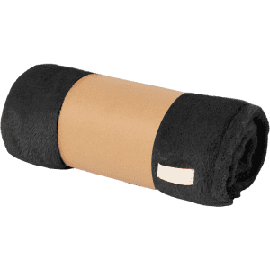 A rolled black blanket with a tan band around it, featuring a small label.
