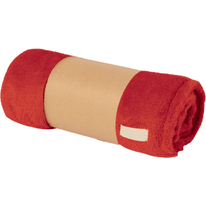 A rolled red blanket with a neutral band around the centre. The blanket features a soft texture and has a logo.