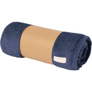 A rolled navy blue blanket with a beige band, featuring a small label, ready for display or storage.
