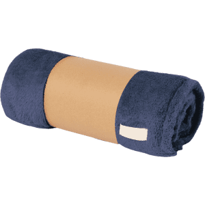 A navy blue Durmok blanket, rolled and secured with a tan band, featuring a small branding label.