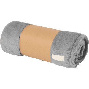 A rolled grey blanket wrapped in brown packaging, featuring a small white label.