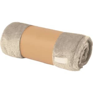 A rolled grey blanket with a cardboard band around it, featuring a small logo or branding.