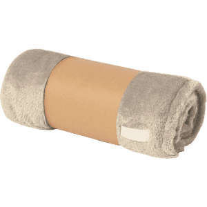 A rolled grey blanket with a cardboard band around it, featuring branding on the band.