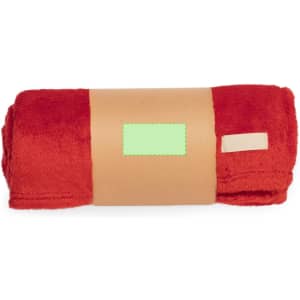 A plush red Durmok Blanket neatly rolled and secured with a brown band. The packaging has a blank area for customisation.