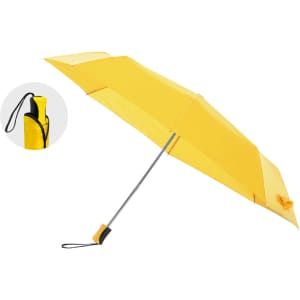 A yellow umbrella with a sleek design, featuring a black handle and a compact storage pouch.