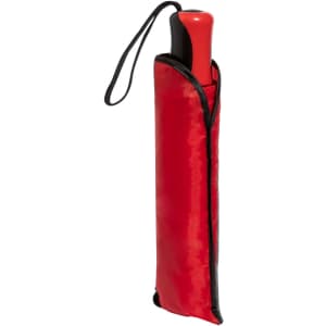 A red umbrella with a black handle stored in a matching protective sleeve. Features a logo on the handle.