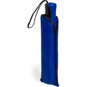 A blue umbrella in a matching sleeve, featuring a black trim and a handle with a wrist strap.