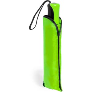 A vibrant green umbrella with a matching sleeve, featuring a black trim and a handle for easy carrying.