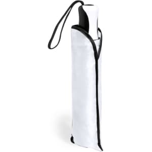 A white umbrella with a black trim, in a matching cover with a handle and wrist strap. It features a branding logo.