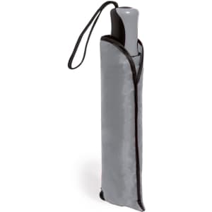 A grey umbrella with a black trim and matching storage sleeve, featuring a stylish handle.