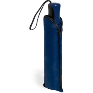 A blue umbrella with a black trim, stored in a matching protective sleeve with a handle.