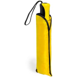 A yellow umbrella stored in a black-collared sleeve with a handle, featuring a strap for easy carrying.