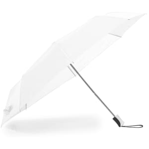 A clear umbrella with a silver handle and a black tip. It features a simple design and has a logo on the handle.