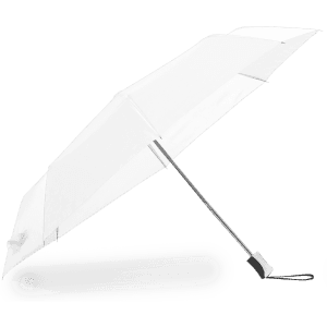 A white umbrella with a silver handle, featuring a sleek design and a logo on the canopy.