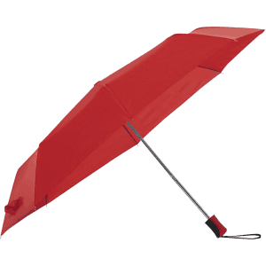 A red umbrella with a silver frame and a handle, featuring a logo on the side.