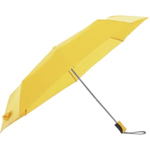 A yellow umbrella with a silver pole and a black handle. It has a sleek, contemporary design and a logo.