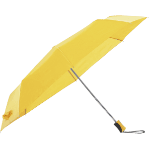 A bright yellow umbrella with a metal frame and handle, featuring a branding logo.