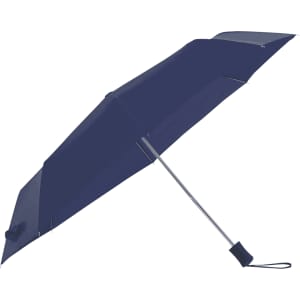 A navy umbrella with a silver metal frame and a sleek design, featuring a strap and a logo.