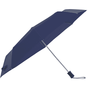 A navy blue umbrella with a silver handle and a logo. The umbrella features a curved design and is lightweight.