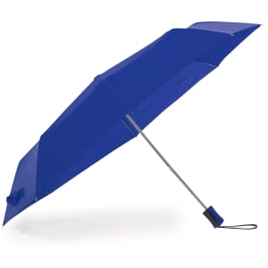 A blue umbrella with a silver pole and a handle, featuring a minimalist design and a logo.